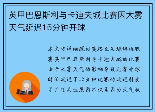 英甲巴恩斯利与卡迪夫城比赛因大雾天气延迟15分钟开球 英甲巴恩斯利与卡迪夫城比赛因大雾天气延迟15分钟开球